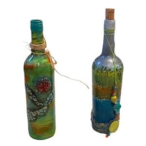 Pair Recycled‎ Embellished Art Glass Wine Bottle Vase Turquoise Blue Bronze